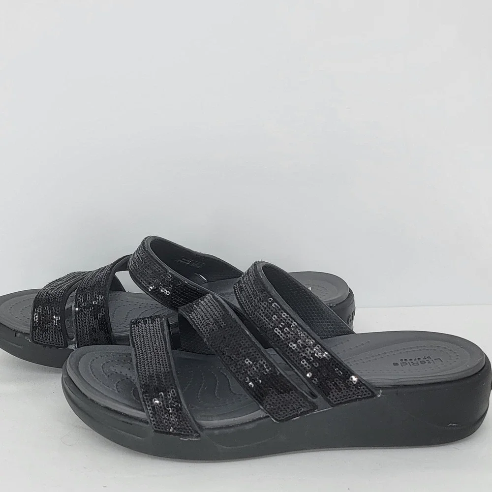 Crocs LiteRide Sequin Colorblock Wedge Sandals Womens 11 Black Strappy Slides